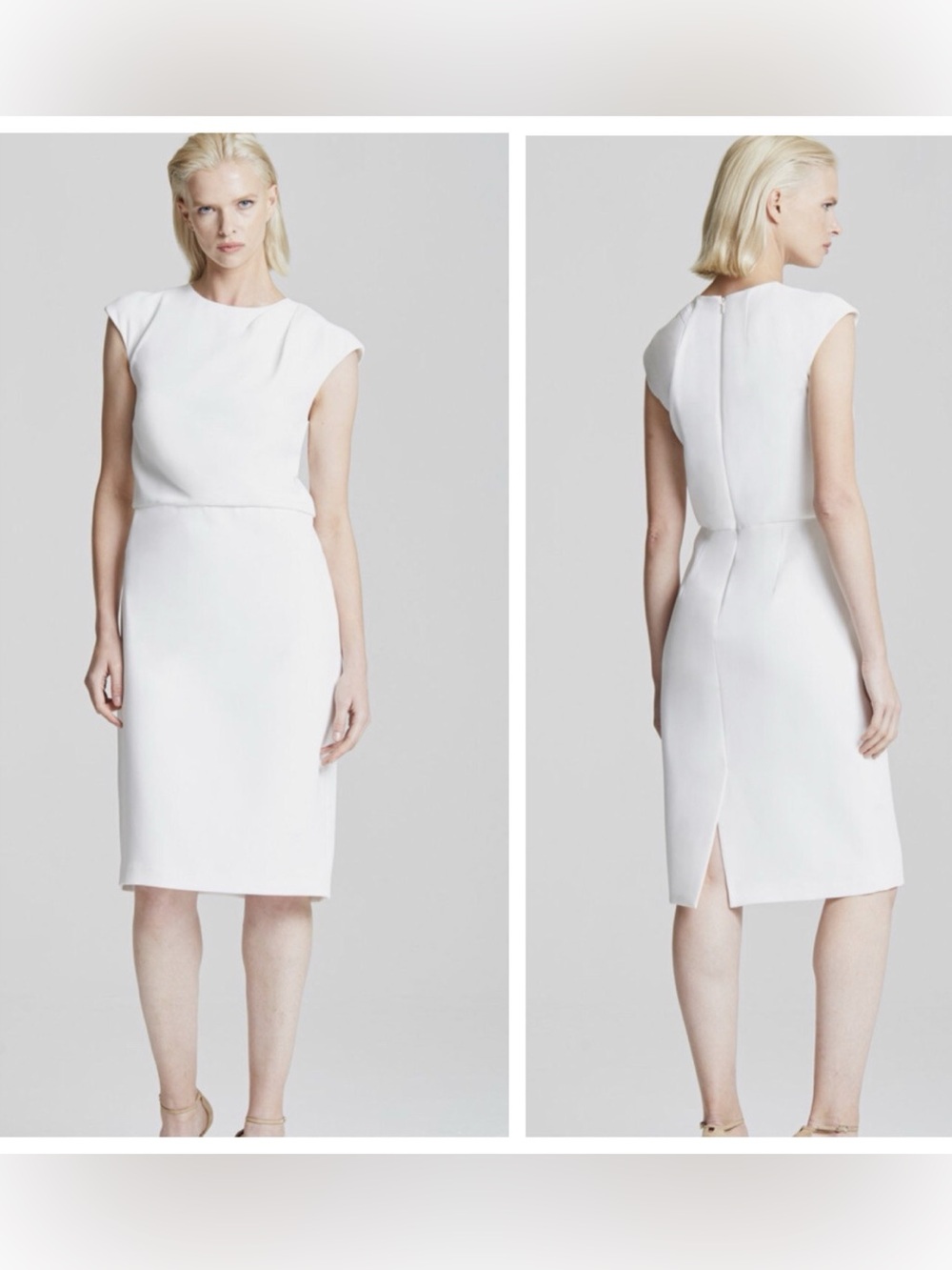 Halston Heritage Drape neck Crepe white Cap-Sleeve Sheath Dress Sz 10